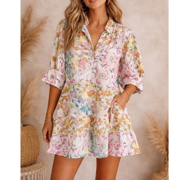 Arthur Jane Claire Dresses & Skirts - Arthur Jane Claire Floral Patchwork Mini Dress Multicolor Ruffle Hem Womens L g3